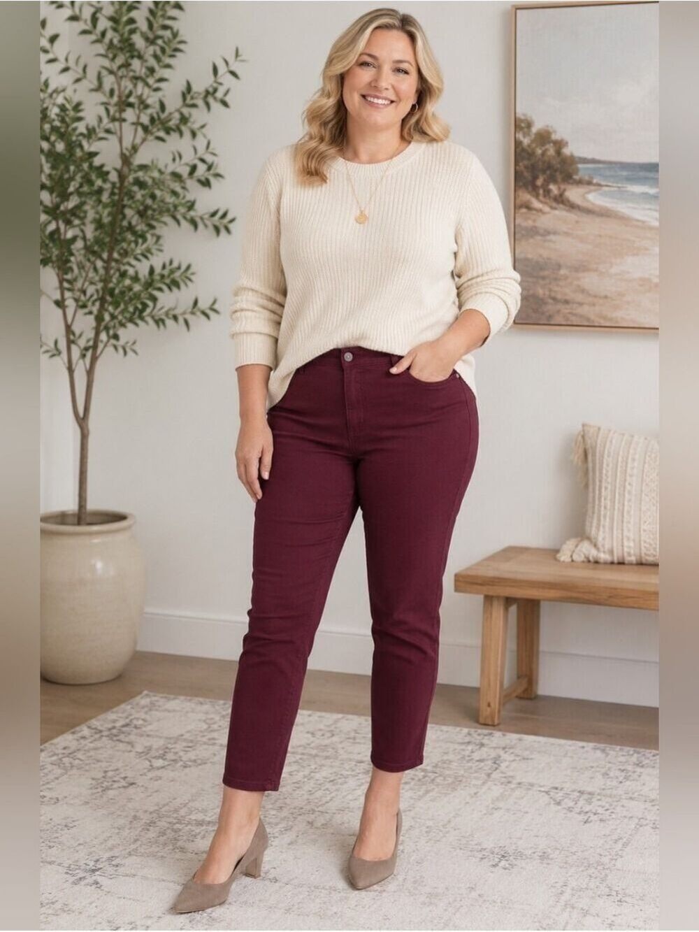 Talbots Flawless Slim Ankle Curvy Pants Size 8 Burgundy Wine Stretch - Picture 6 of 12
